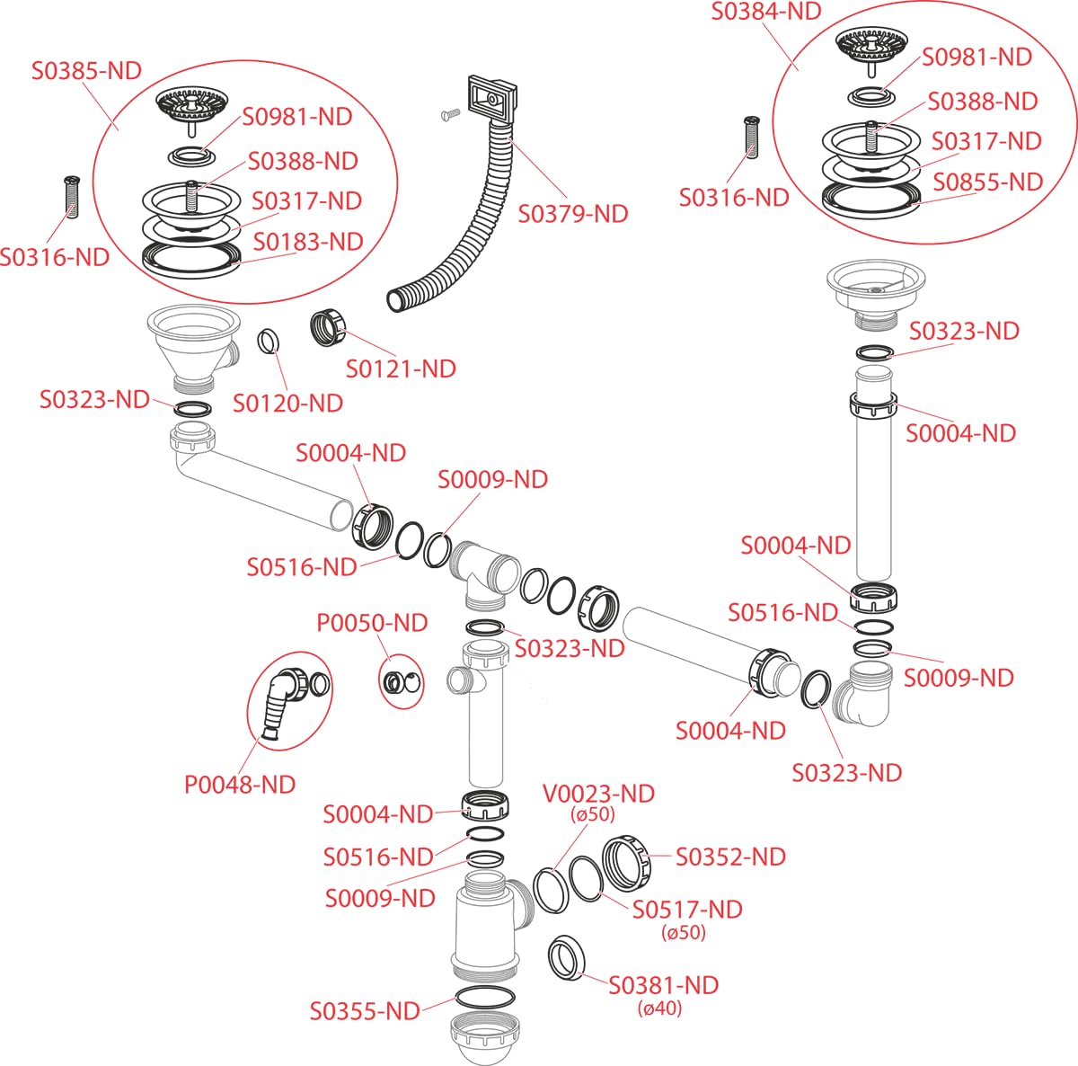 Sifón doble para fregadero con rejilla de acero inoxidable DN115 de doble etapa, con rebosadero y conexión para dispositivos