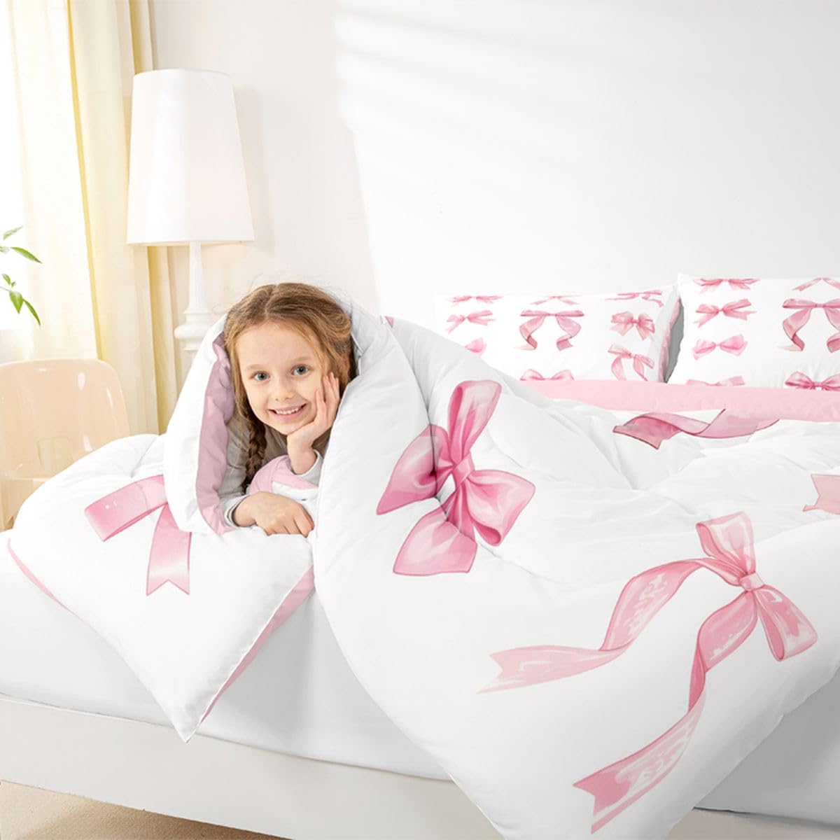 Manfei Set di biancheria da letto singolo con fiocco rosa, 2 pezzi, per bambini, ragazze, ragazzi e donne, decorazione per la camera da letto, copripiumino trapuntato Kawaii Princess Girly ultra