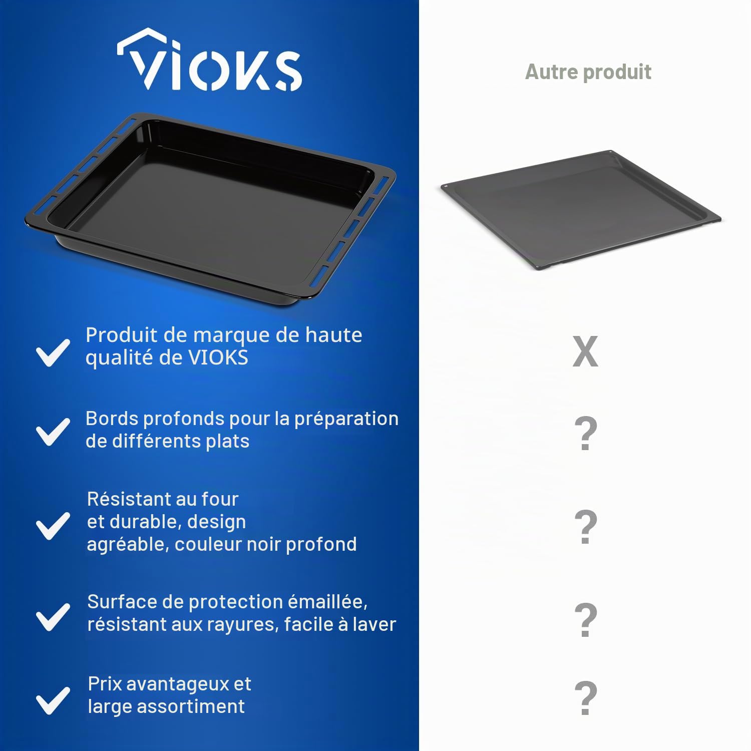 VIOKS Plaque de cuisson 45 x 37 cm de rechange pour Whirlpool 481010657928 – Poêle à graisse profonde, plaque de cuisson en émail antiadhésif – Accessoires de four