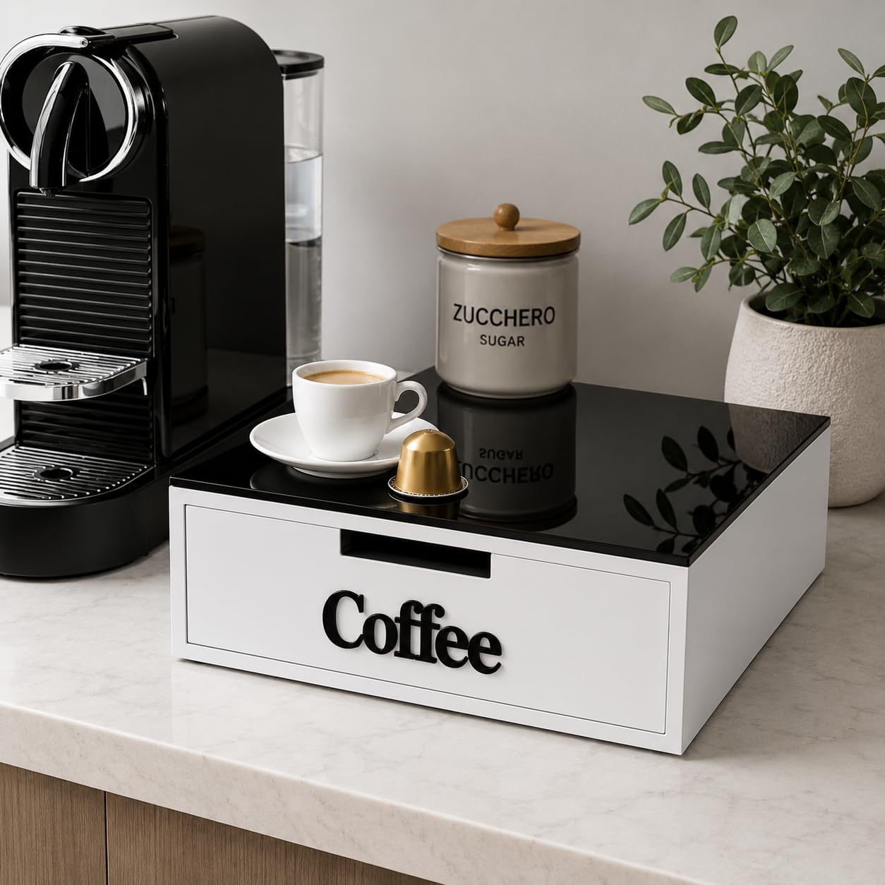 Porta Capsule con Cassetto e 3 Scomparti, Organizer Coffee Station con Top in Vetro, Portacialde da Appoggio, Contenitore Capsule per Angolo Caffè 30x30x10 cm (Nero)