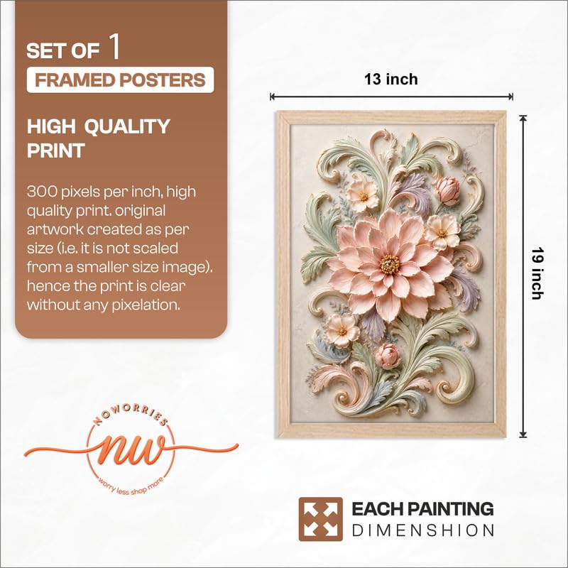 Image of NoWorries Floral Botanical Wall Painting with Frame | Premium Textured Flower & Leaf Artwork, Pastel Nature Wall Decor Framed for Living Room Bedroom Office and Home Decoration (Art-8,13x19inch)