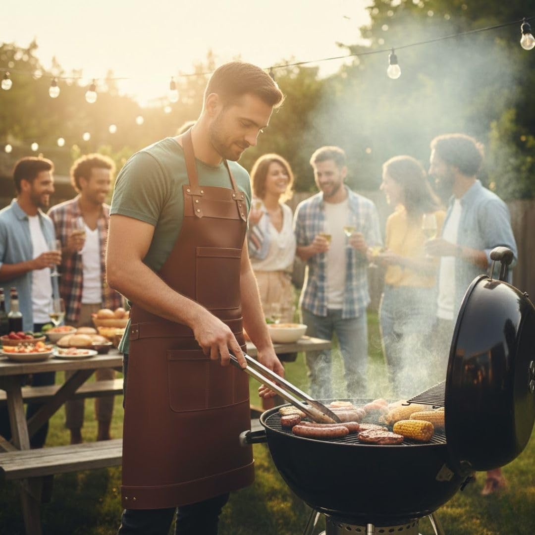 Tablier de boucher en cuir véritable - Tablier de cuisine - Tablier de barbecue - Tablier de barbecue - Tablier de forgeron - Tablier pour papa, marron, taille unique