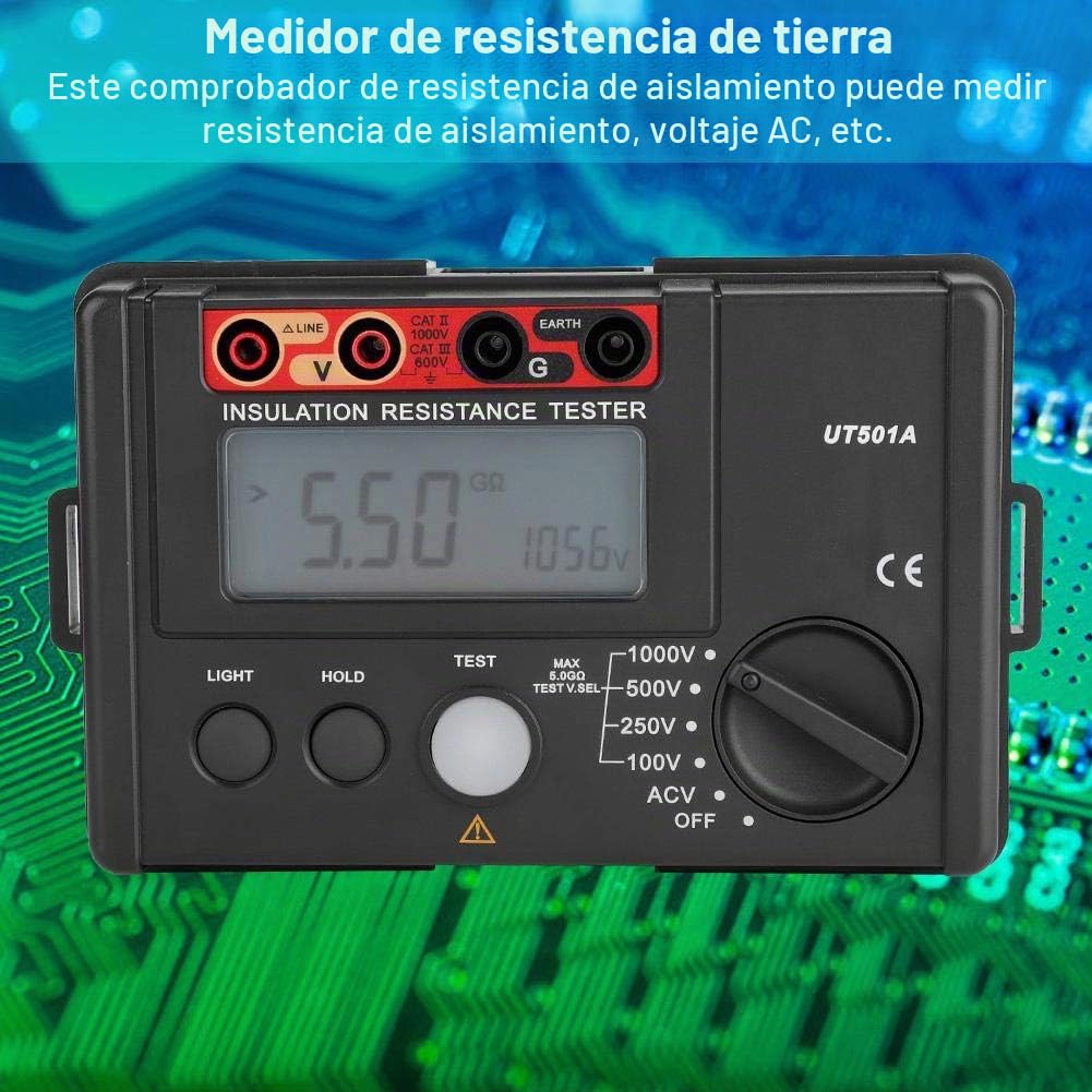 Probador de aislamiento digital, UT501A Multímetro de resistencia de tierra de aislamiento de 1000 V Probador de voltímetro multifunción con pantalla LCD grande