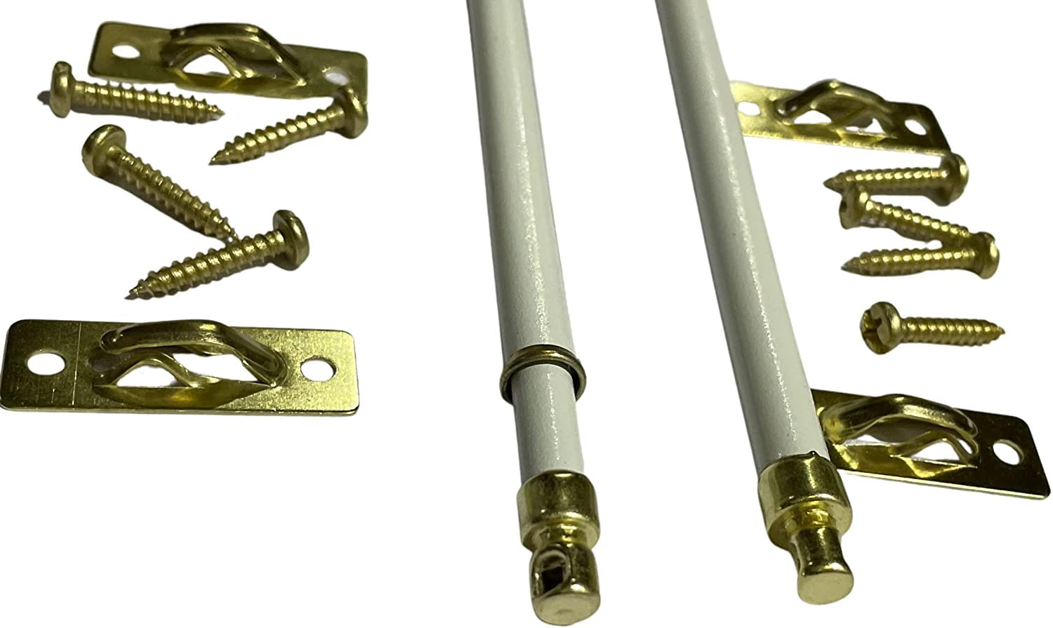 Amazing Drapery Hardware White Swivel Sash Curtain Rods with Brass Ends, Set of 4 (Hardware Included) - Adjustable Length 21-38 Inches, Easy to Install Metal Rods for Doors, Windows, and Sidelights