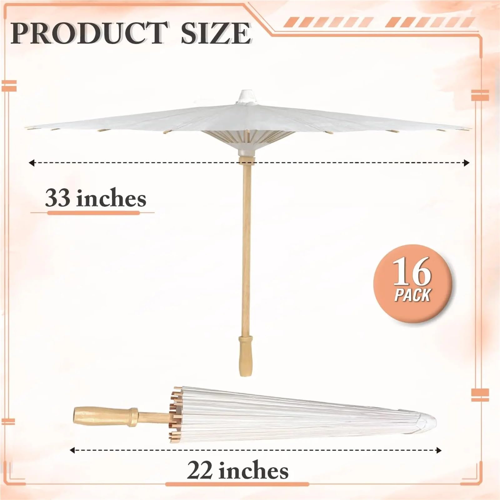 Paraguas Papel Novia Sombrillas de papel for bodas de 60/84 cm con mango de madera, color blanco, accesorios de fotografía rústicos for baby shower, fiestas y bodas.