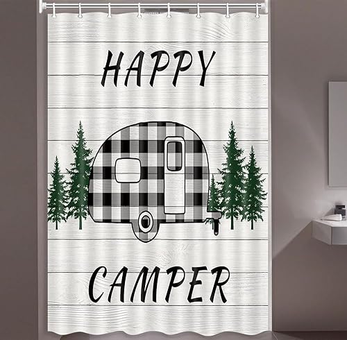 Miniatura 3 de MERCHR Happy Camper - Cortina de ducha para caravana, remolque a cuadros de búfalo con árboles en casa de campo, tela de madera gris rústica,