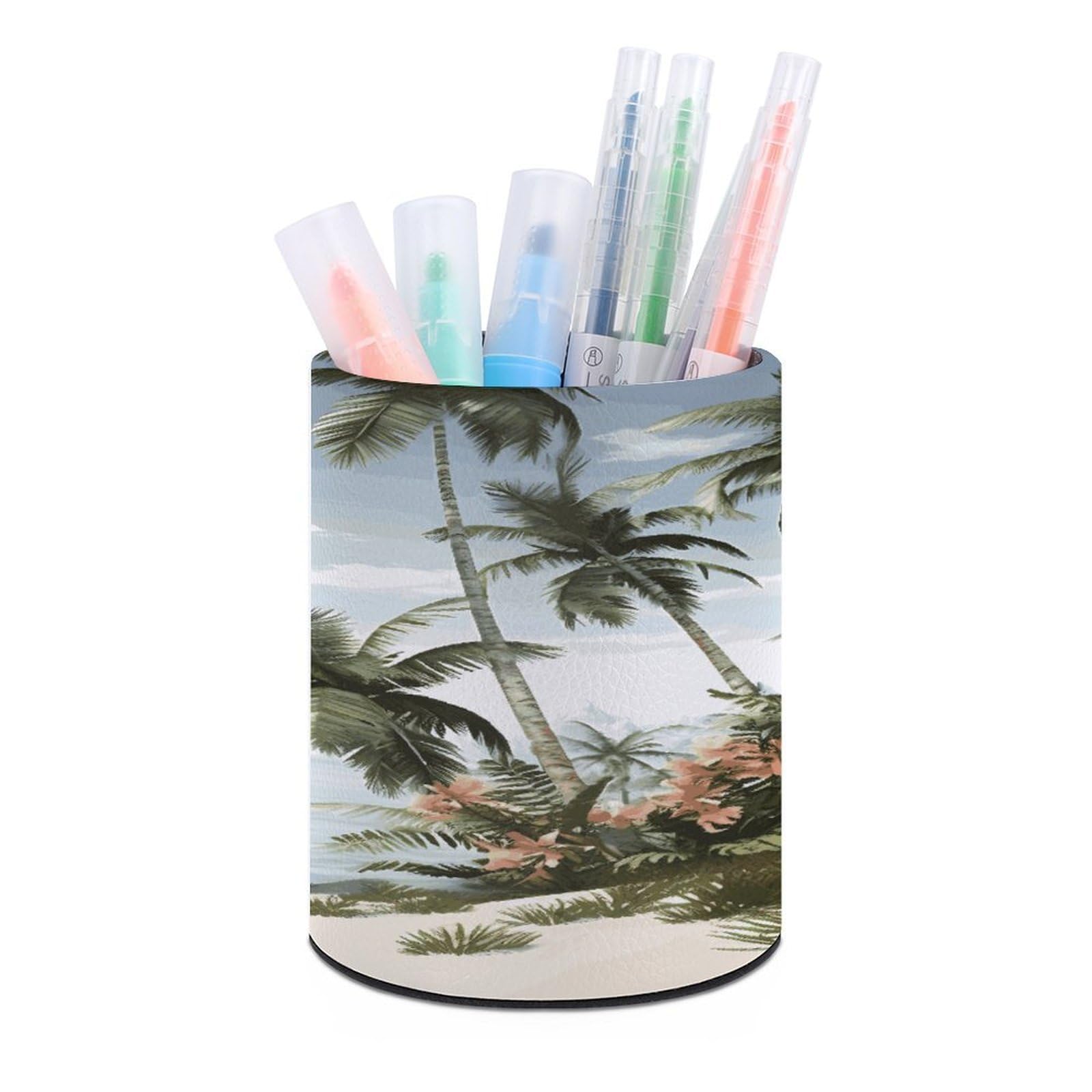 VstaDank Tropical Palm Trees Pen Holder Round Pencil Holder Cup Pen Container PU Leather Desk Organizer Stand Decor Brush Scissor Holders Decoration Office Desk Home (3.1 X 3.9 Inches)