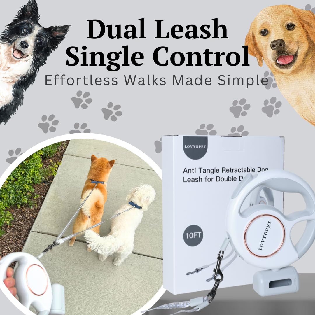 Correa retráctil para perro (puede pasear a dos perros juntos) – Correa con luz LED, giro de 360° sin enredos, costuras duraderas, bloqueo de un solo toque, agarre ergonómico – para pequeño a mediano