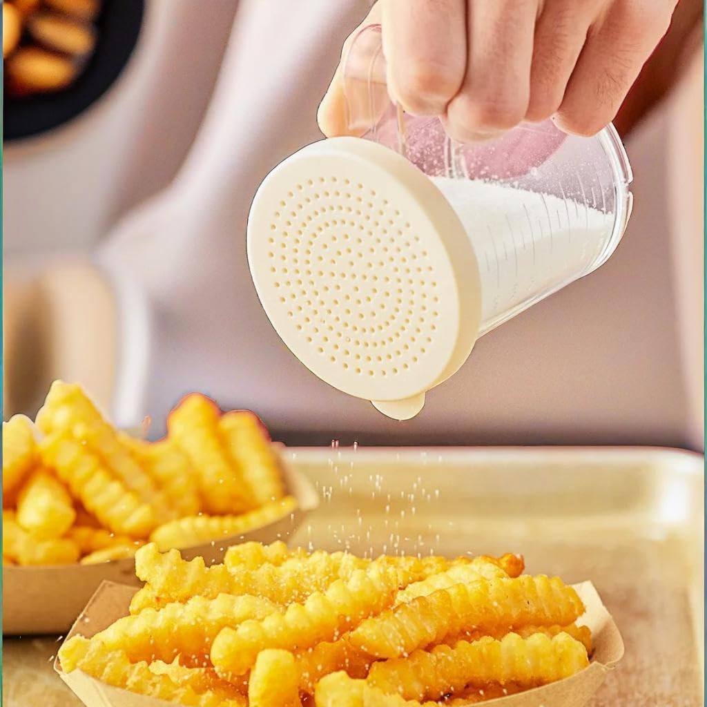 6-Pack 10 oz Polycarbonate Spice Shakers with Beige Lids, Durable Plastic Shaker Set with Measurements & Secure Handle for Finely Ground Spices, Seasonings, & Powder, 2 mm Perforated Lid (6)