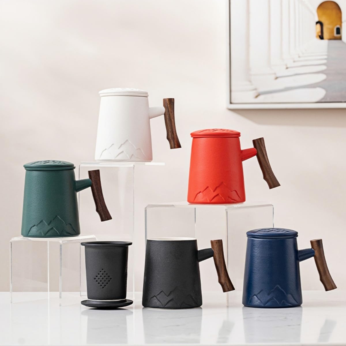 Großes Fassungsvermögen, Keramiktasse Mit Geprägtem Bergmotiv Und Deckelfilter Für Geschäftsempfänge – Schwarz – Tassenset Fürs Büro