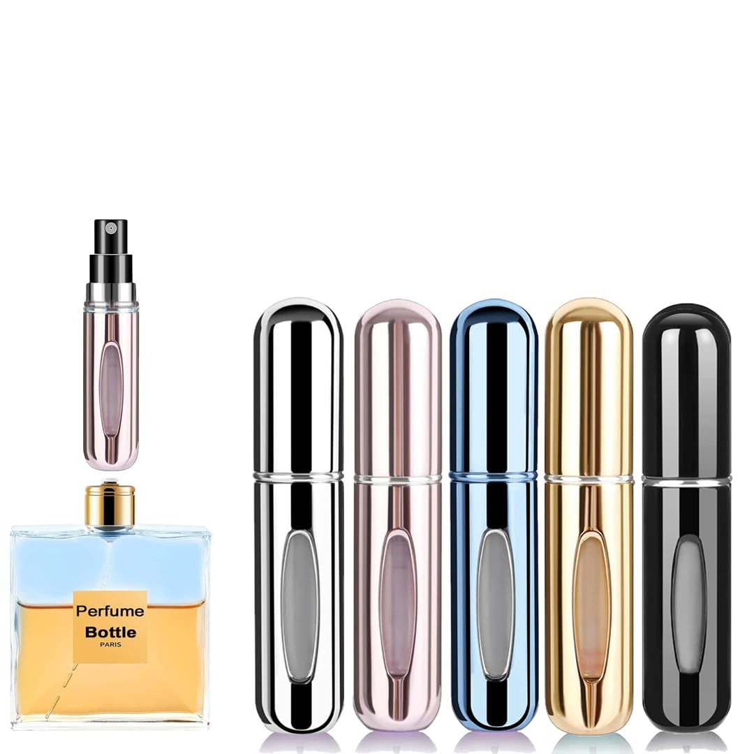 Rosiya Perfume Atomiser pack of 5pcs Perfume Travel Bottle, 5ML Refillable Perfume Spray Bottle Easy to Refill Empty Atomiser Bottle for Purse, Handbag, Pocket and Luggage (Glossy)