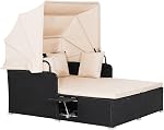RELAX4LIFE Patio Outdoor Daybed with Canopy, Wicker Sunbed w/Cushions, 4 Pillows & 2 Retractable Side Trays, 2-Person Lounge Bed Conversation for Poolside Porch Garden, Rattan Outdoor Bed (Beige)