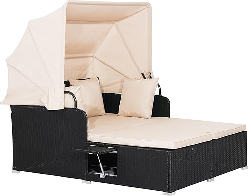 Miniatura 16 de RELAX4LIFE Sofá cama para patio al aire libre con toldo, tumbona de mimbre con cojines, 4 almohadas y 2 bandejas laterales retráctiles, conversación