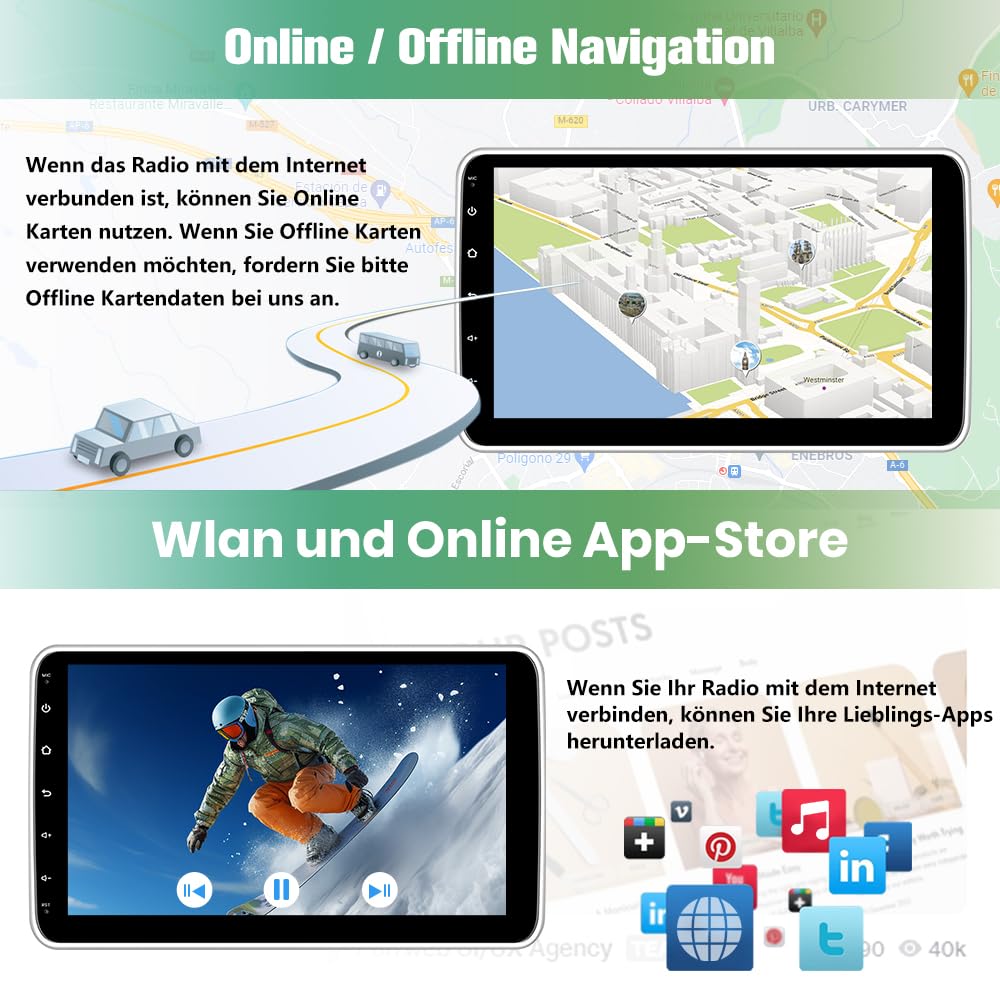 Junsun Android universal Autoradio 4GB+64GB 10.1 Zoll Touchsreen,Android 13 CarPlay, Android Auto, FM Radio, Bluetooth, WLAN, Navigtion, Lenkradsteuerung