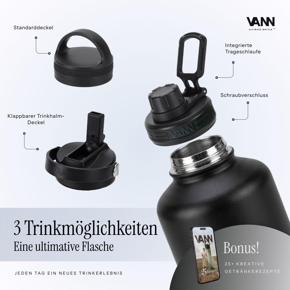 VANN Trinkflasche 2L mit Strohhalm - 3fach isoliert [24h kalt 12h warm] | Thermosflasche für Fitnessstudio, Sport - Trinkflasche Edelstahl [BPA-Frei] - Wasserflasche inkl. 5 Zubehörteile - Schwarz