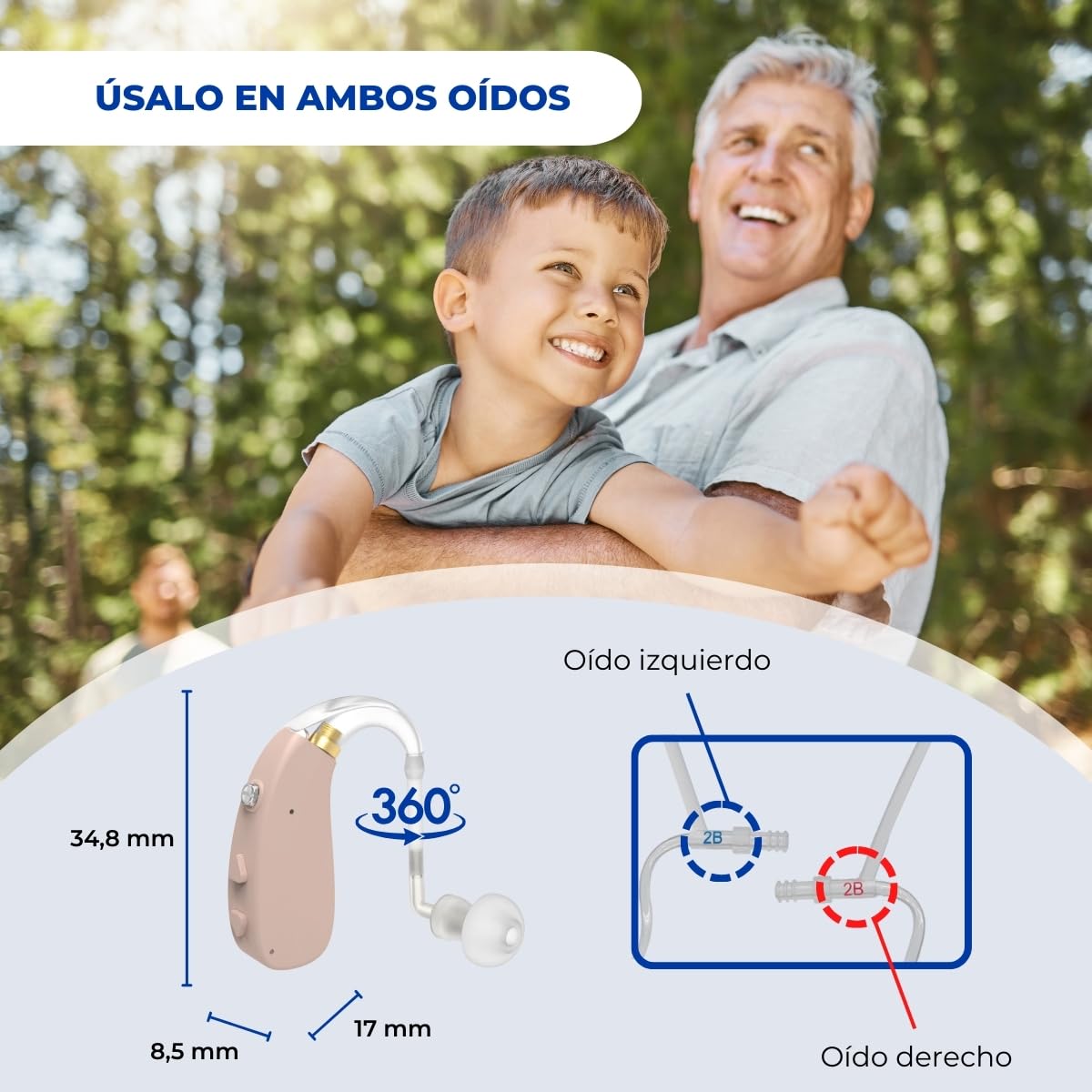 Mobiclinic®, Amplificador auditivo, Ear plus 1, Recargable, 5 niveles de volumen, Giro 360º para ambos oídos, 3 modos reducción ruido, Ligero y portátil, Incluye tapones recambios