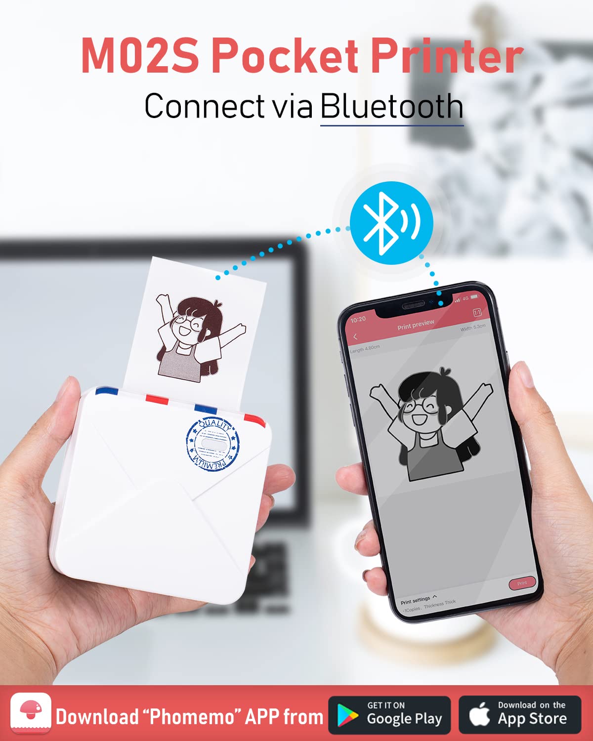 Phomemo M02S 300dpi Imprimante Photo Portable, Mini Thermique Bluetooth Imprimante de Poche Compatible avec Papier 15,25,53mm, pour Impression Photo, Journal, Cadeau, Étiquettes Maison - Blanc