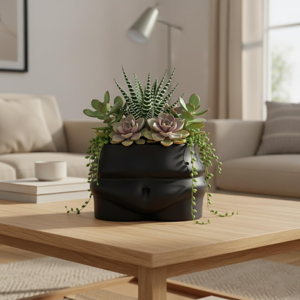 Ceramic Pot Belly Planter - Body Form Flower Pot with Draniage Hole & Rubber Plugs for Indoor/Outdoor Plants - Modern Boho Decorative Planter for Home Decor -Plants not Included - Matte Black
