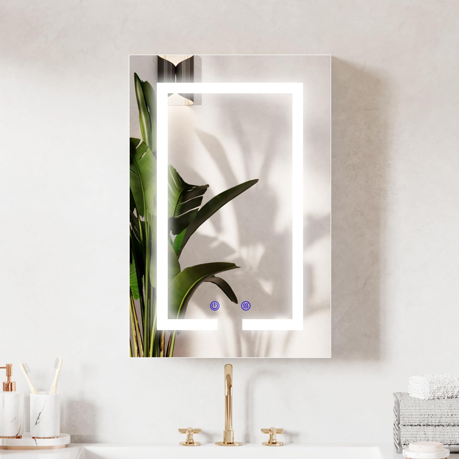 Szafka łazienkowa z lustrem LED, 400 x 600 mm, odmgławiacz, możliwość przyciemniania, 3 kolorowe lustro do makijażu, montowana na ścianie, szafka łazienkowa z oświetleniem i gniazdem