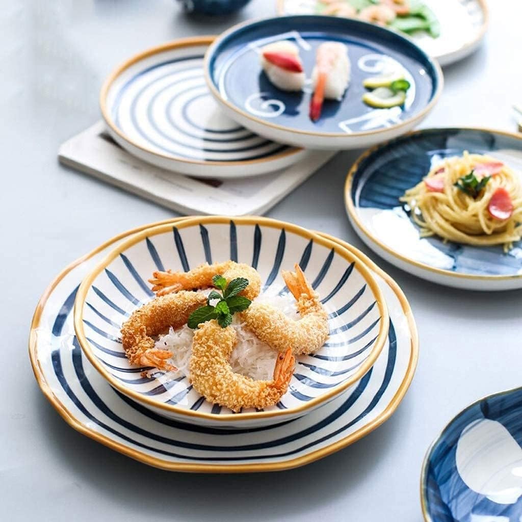 Juego de vajilla de Porcelana de 28 Piezas, Estilo japonés, de cerámica | Juego de vajilla con Plato y Cuenco para Restaurante, Color Azul, Blanco y Azul.,Blue