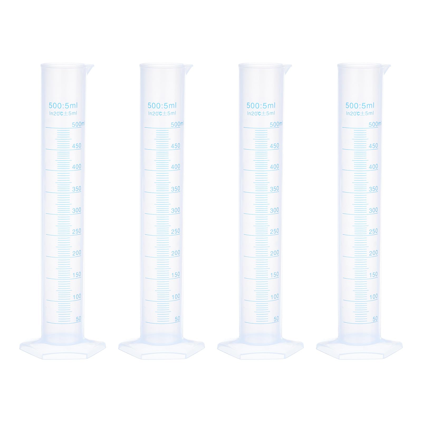 QUARKZMAN Cilindro Graduato in Plastica, Cilindro di Misurazione 500ml, Becher per Tubi di Prova, Marcatura Metrica 2 Lati, Base Esagonale Trasparente per Laboratorio Casa, 4pz
