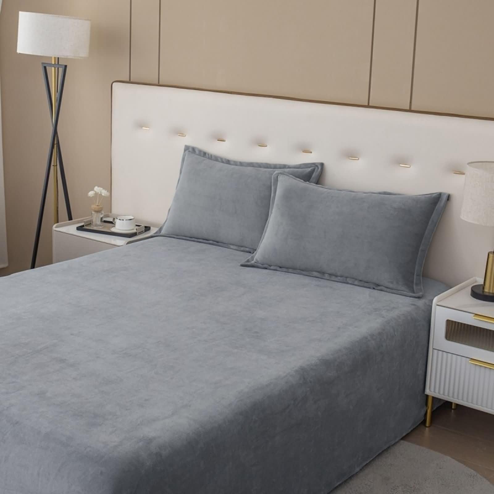 Pack de 3 Piezas Sábanas Encimeras Terciopelo Suave, Color Sólido, 180 x 230 CM + 2 Fundas de Almohada, Sábanas Encimeras Gris