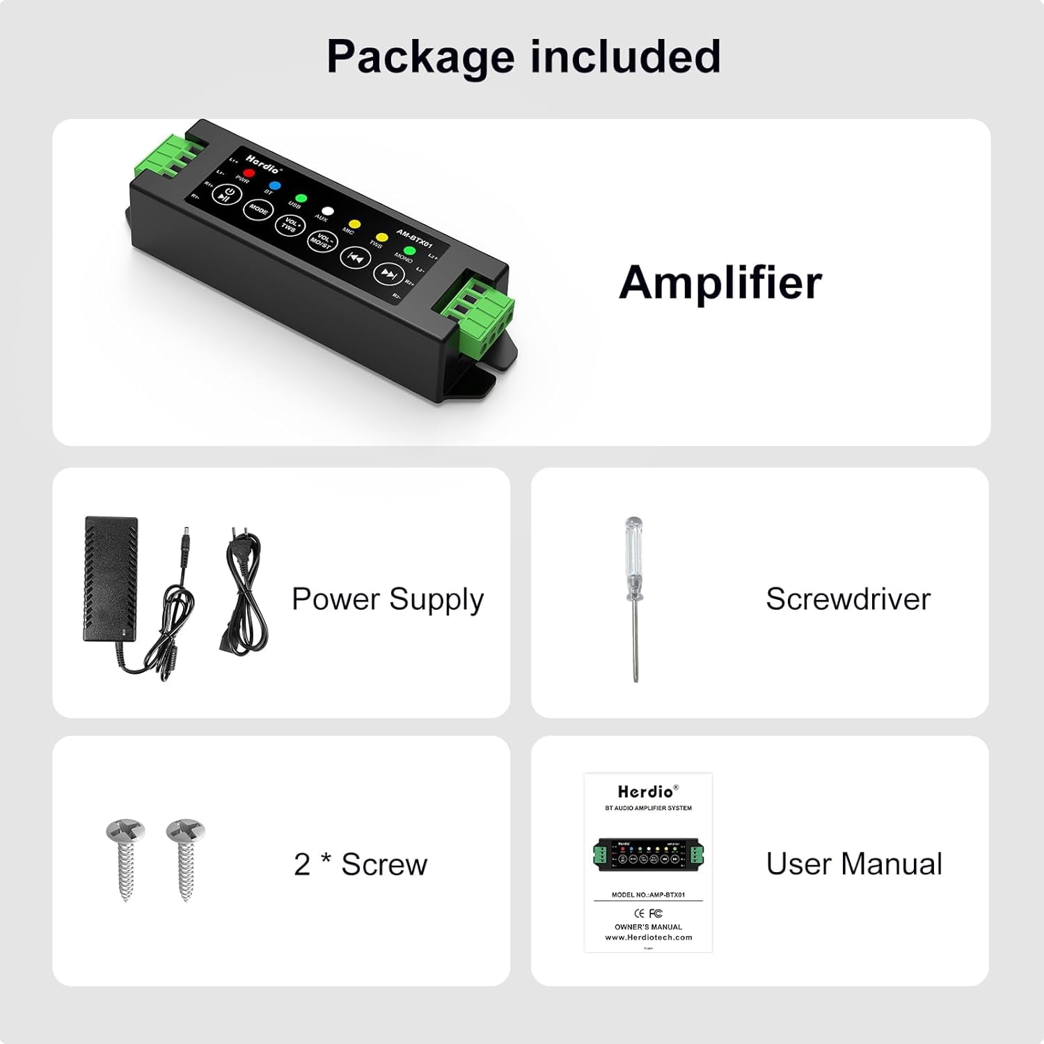 Herdio Amplificatore a 4 canali Bluetooth 5.0 Amp Ricevitore 200 W di potenza di uscita con alimentatore di rete 24 V5 A, montaggio a parete, USB/MIC/AUX/TWS, per casa, garage, soffitto, altoparlante