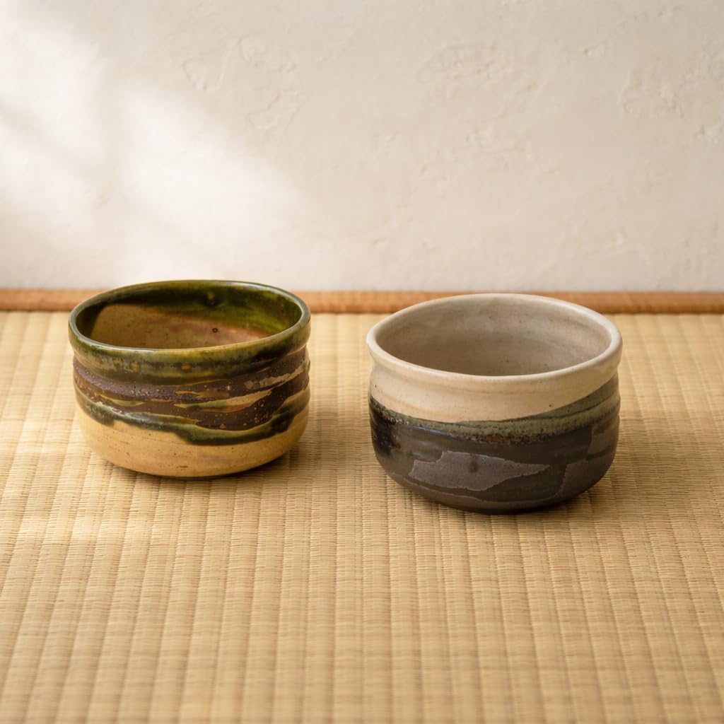 Japanese Matcha Bowl Suirei Scenery Design, Handmade Ceramic Sushi Cup, Oribe Green Glaze Tea Bowl, 18.6 oz (550 ml), 4.9 in, Artisan Japanese Tableware for Tea, Rice, Dessert (Saiun Brown)