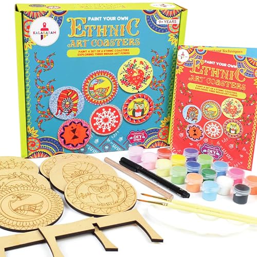 Image of Kalakaram Paint Your Own Ethnic Art Coasters DIY Kit with Design Paint 6 Coasters with 3 Art Forms