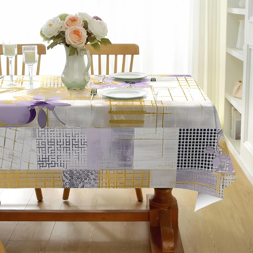 Carreaux Floraux Nappe Rectangulaire 160x200 cm Grille Moderne, Nappe de Table Motif Floraisons Aquarelle en Polyester, Nappe en Tissu Imperméable et Anti-Tache - G-1104