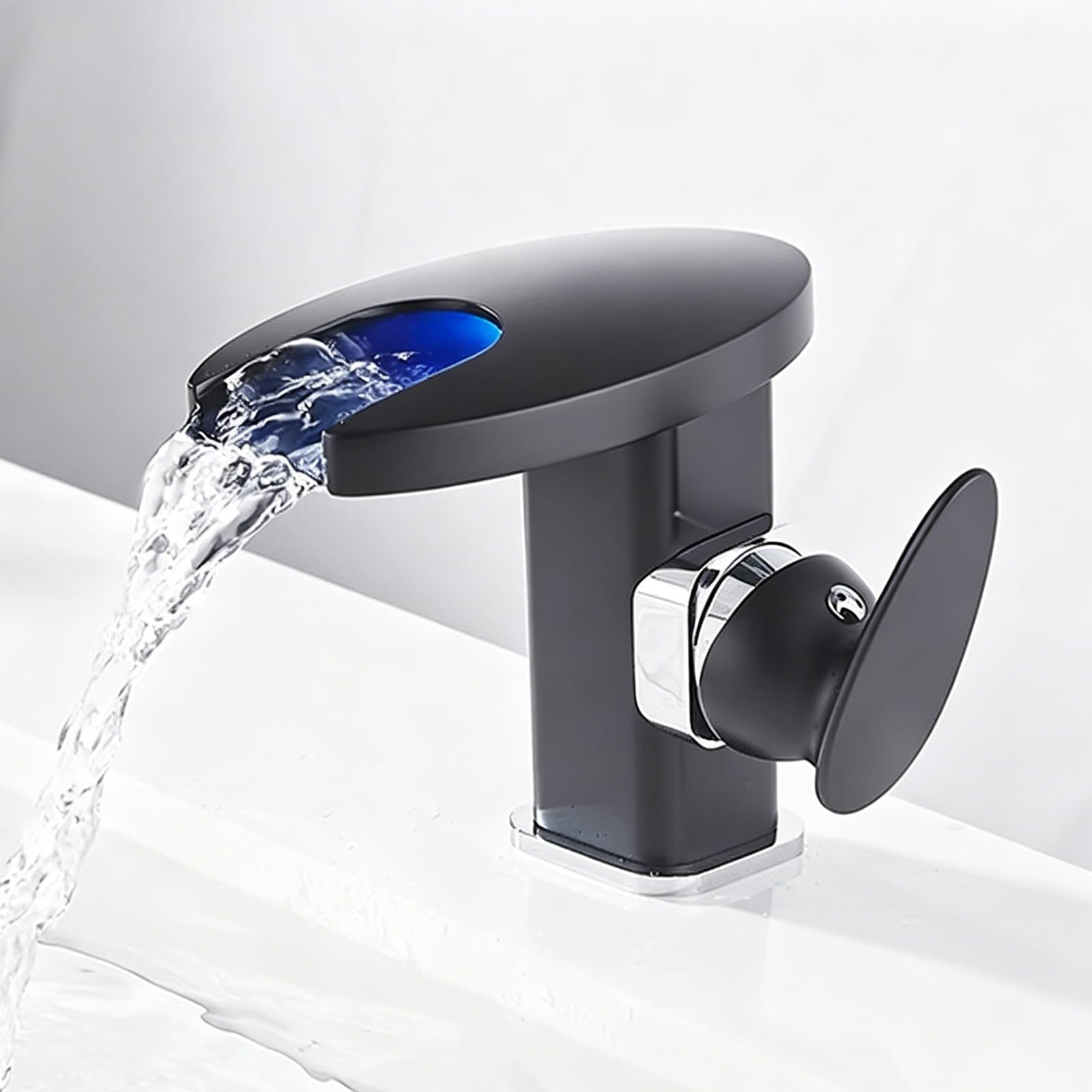 Grifo de lavabo de baño con boquilla de cascada de luz LED, material de latón hidroeléctrico, diseño de un agujero para cocina, lavandería y cámper