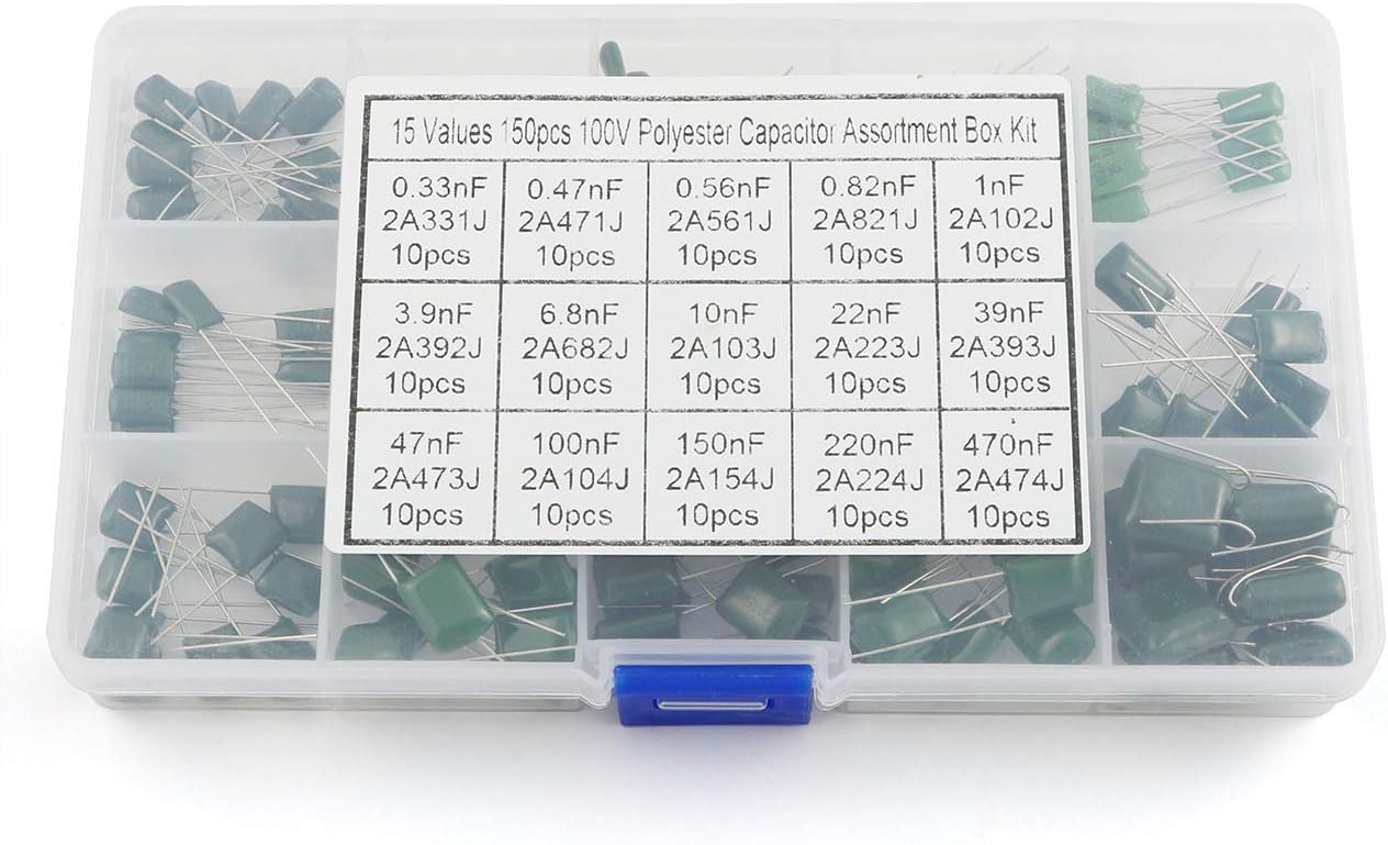 RLECS 150-Pack 15 Values Polyester Film Capacitors Assortment Kit DIY Assorted Set Commonly Used Electronic Component 0.33nf to 470nf