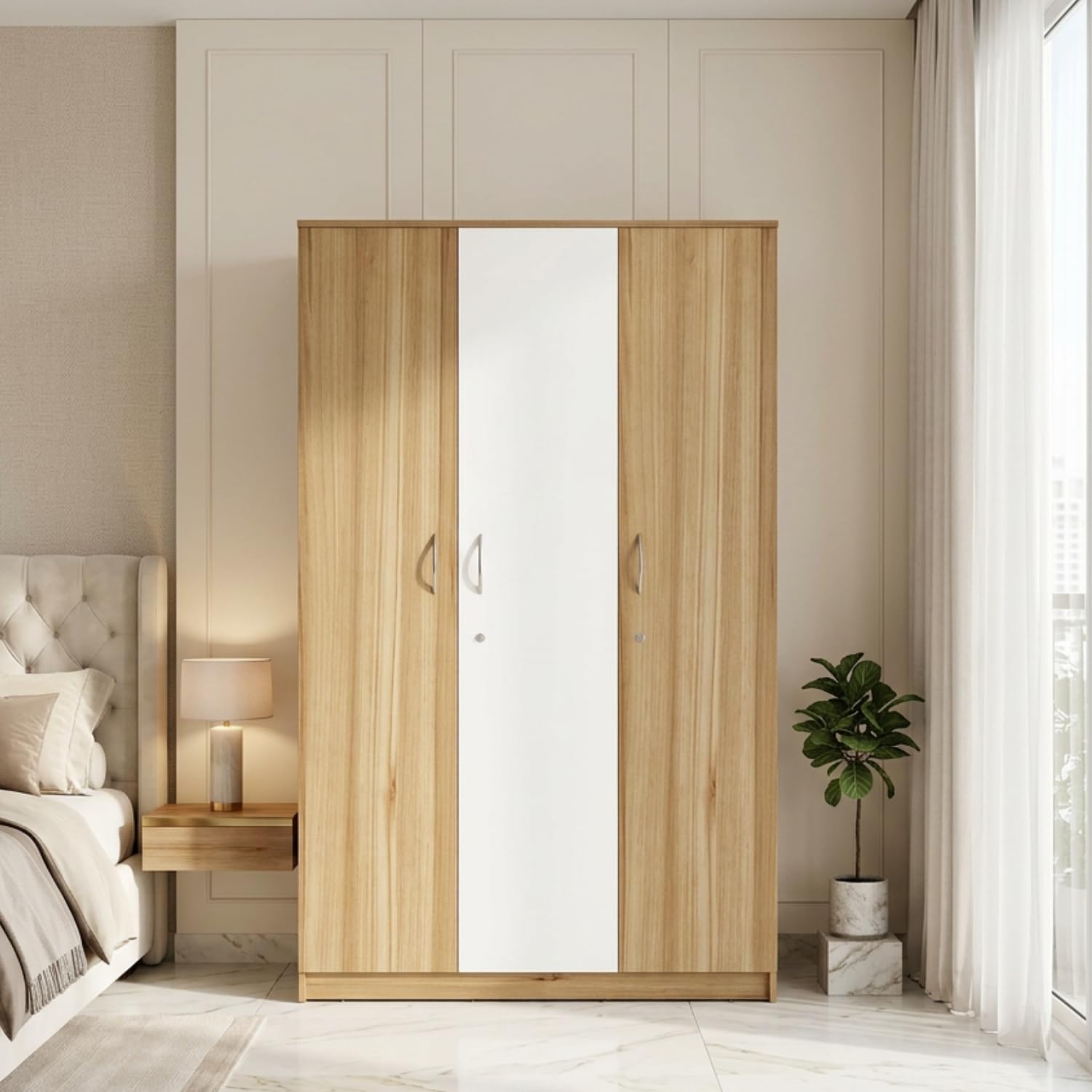 TRISULM Glory Multipurpose 3 Door Wardrobe/Spacious Shelves with Hanging Rail Engineered Wood 3 Door Wardrobe (Finish Color - Lyon Teak, White, Knock Down)