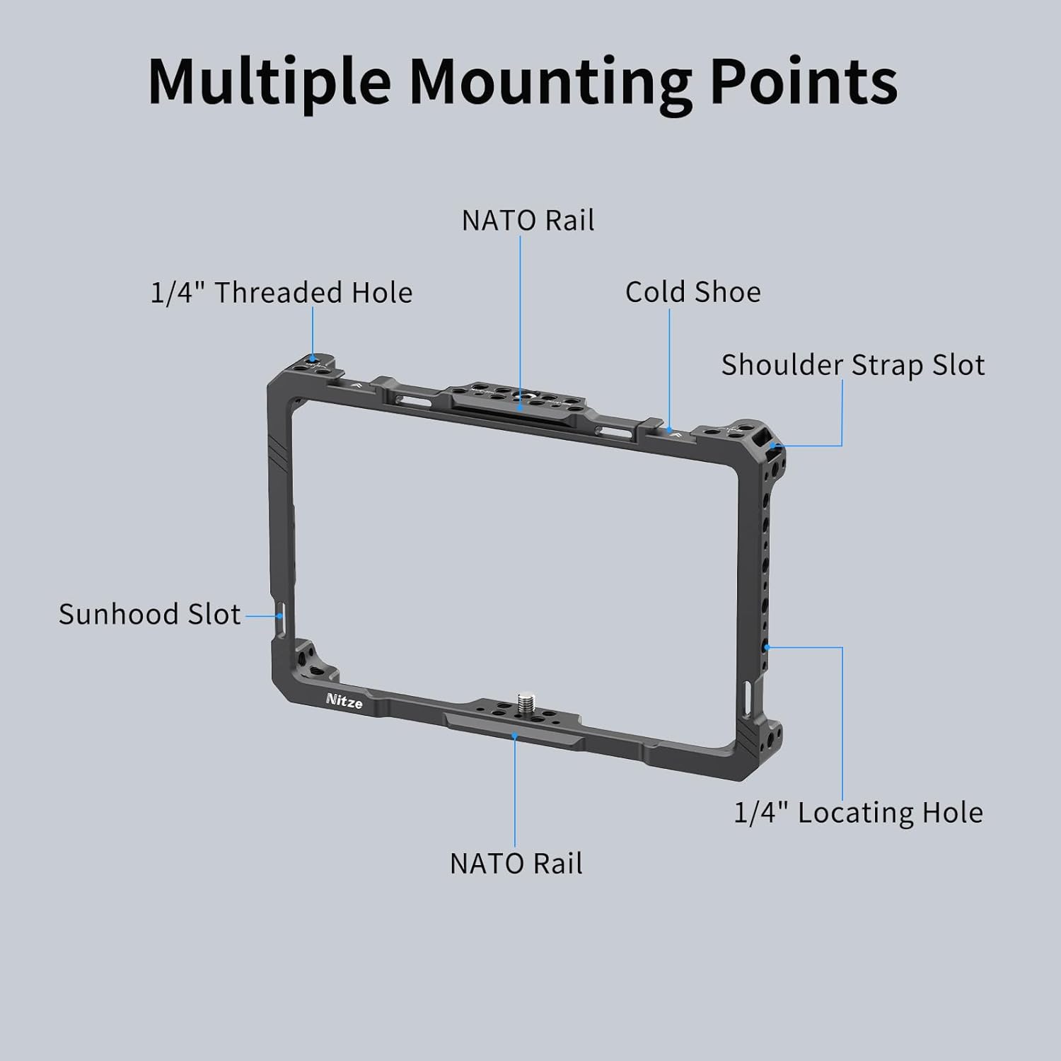 Nitze Cage for OSEE G7 Pro 7 Inch Monitor, with PU Leather Sunhood, Built-in Dual NATO Rails and Cold Shoes - JT-OE02B