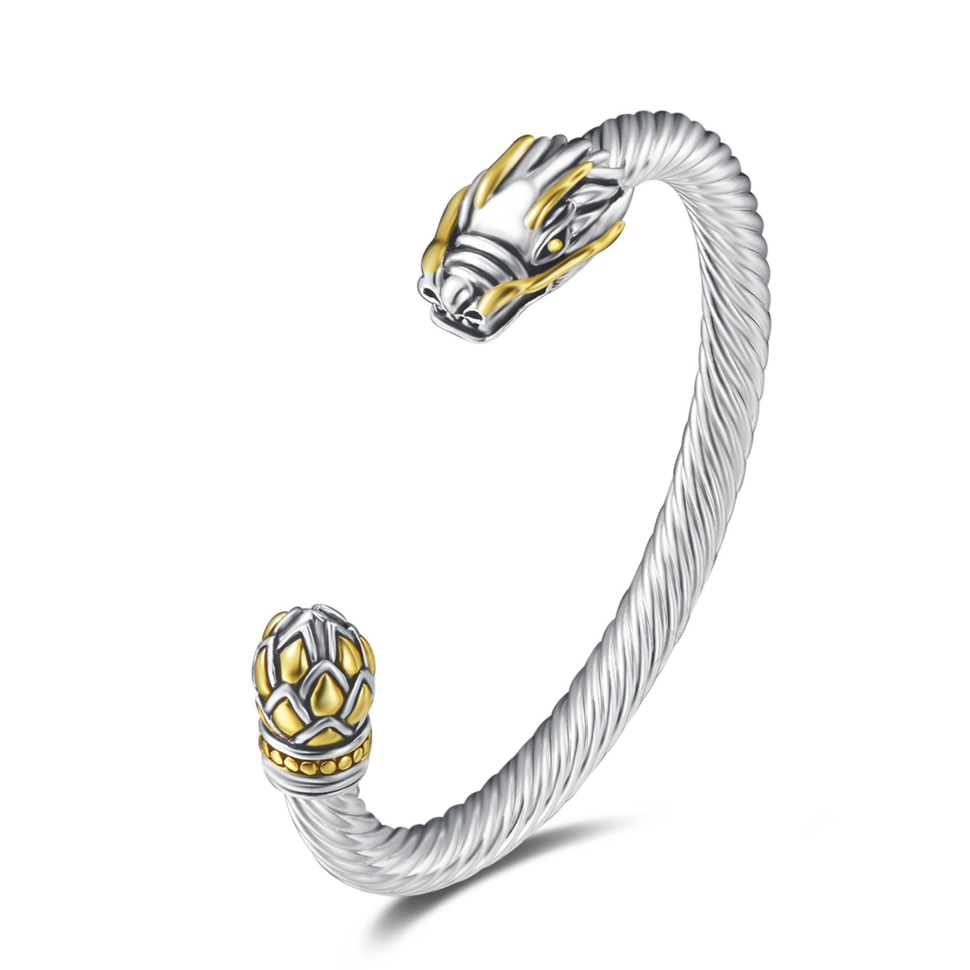 UNY JEWEL Jewelry Chinese Dragon Scale Ball, Dragon Cuff Bangle, Spring Open Two Tone Twisted Cable Vintage Cuff Bangle
