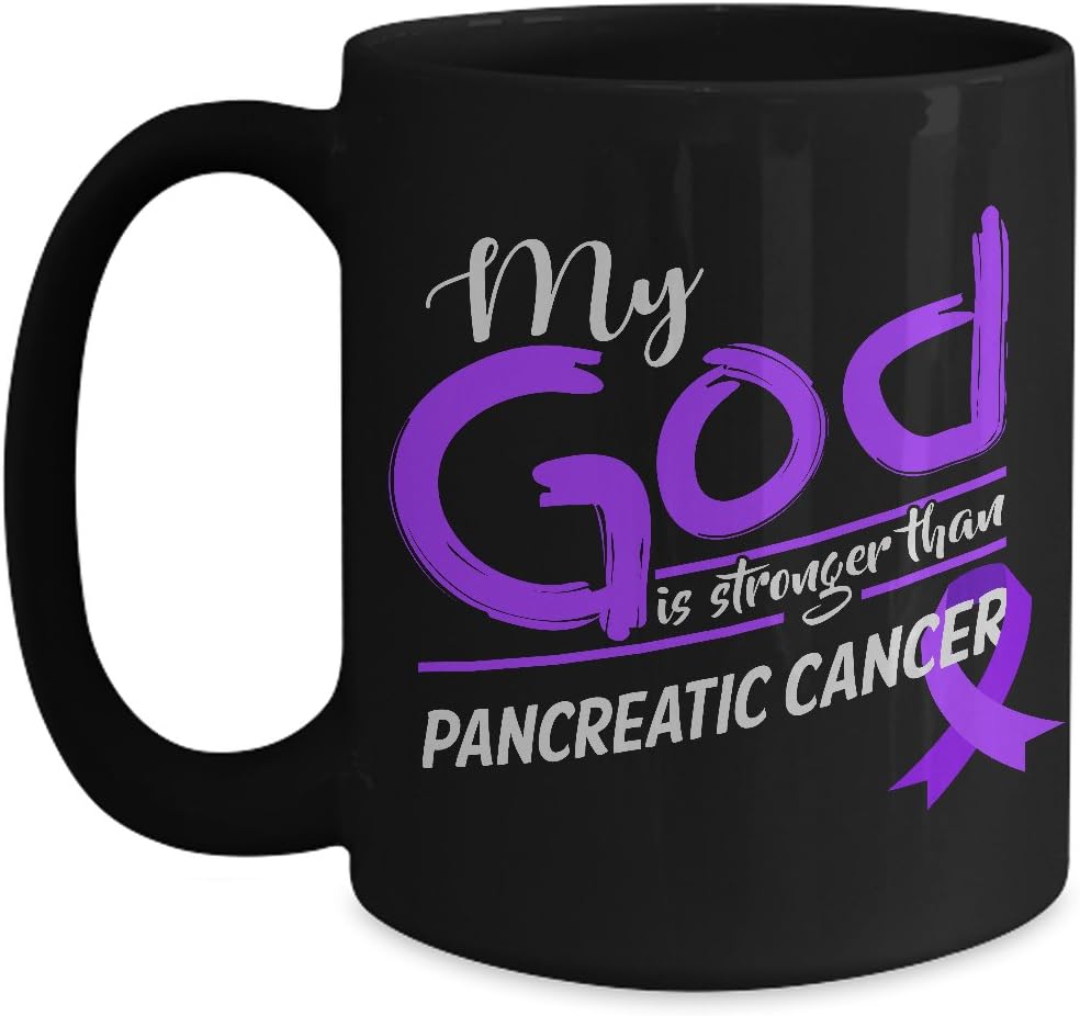 Pancreatic Cancer Mug God Is Stronger Purple Ribbon Gift - 11 oz Black Ceramic Coffee Cup for Warriors & Survivors - Great for Awareness Month, Birthdays & Christmas