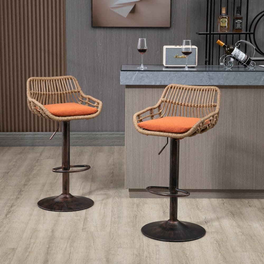 Rhomtree Vintage Barstools Bar Chairs Adjustable Height 360°Swivel Stool with Rattan Black Footrest Kitchen Stools Dining Chairs with Sturdy Frame for Home Bar Island(Orange,Set of 2)