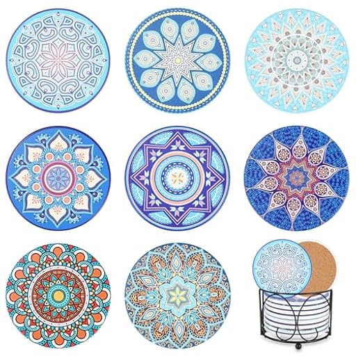 Qixora Set de 8 Posavasos, Posavasos de Corcho Cerámica, Posavasos para Bebidas con Soporte de Metal, Diseño de Mandala para Tazas para Tazas de Café, Jarrones, Velas, Decoración del Salón, Cocina | Ya disponible en tu tienda friki favorita! En mundofriki.es!