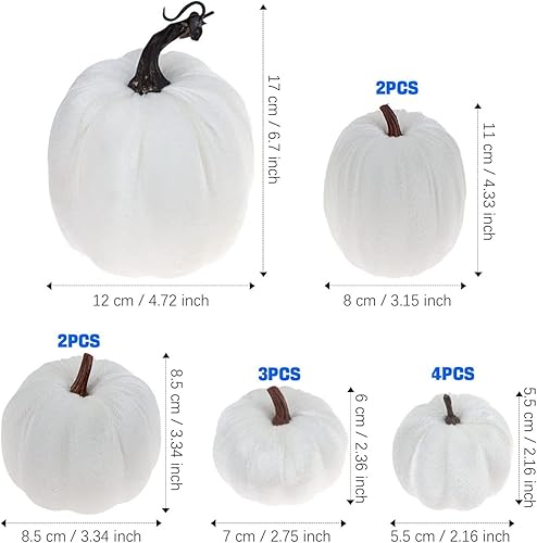 Miniatura 2 de 12 piezas de terciopelo blanco surtido, decoración de calabaza artificial de cosecha de otoño, calabaza falsa de Acción de Gracias, Halloween,
