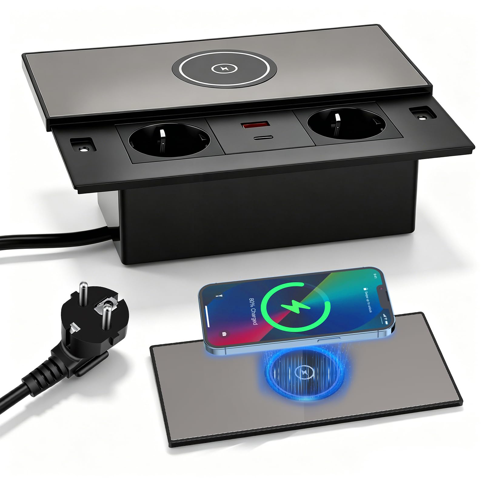 Base de enchufe de aluminio empotrable, con 2 enchufes euro, 1 USB-A, 1 USB-C PD 30W, carga inalámbrica, cable de 1,8 m, enchufe de mesa retráctil para cocina, escritorio y oficina