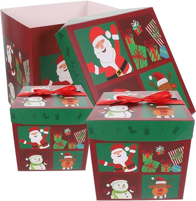 AUTOYSUR 3 Pcs Christmas Nesting Gift Boxes with Lid, Santa Claus Stackable Embedded Box, Snowman Reindeer Design Christmas Box Decoration for Thanksgiving New Year Christmas Party (T1)