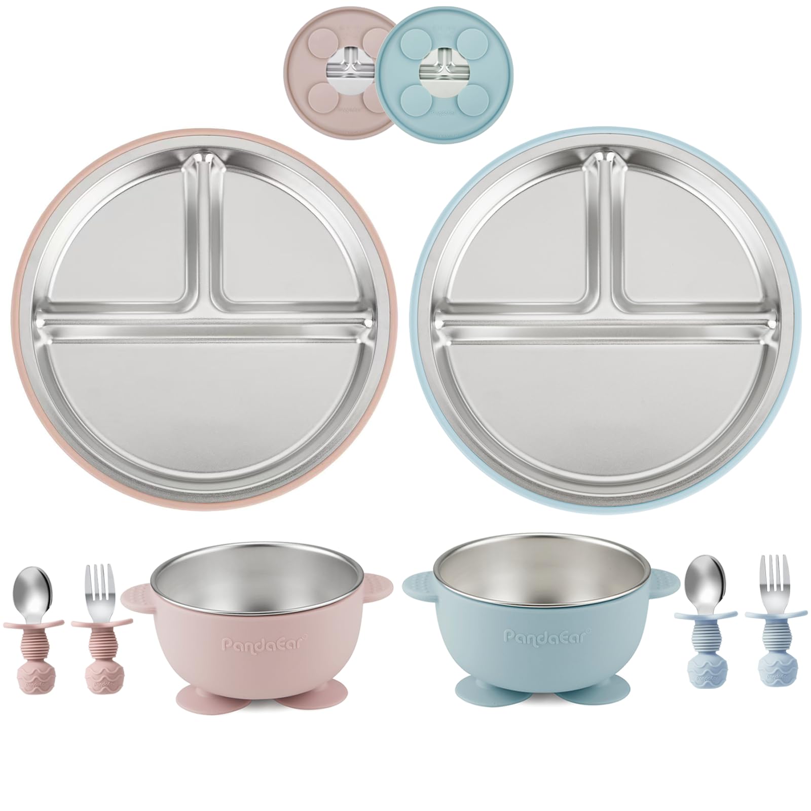 PandaEar 8er Set Edelstahl 2 Baby Teller & 2 Schüsseln 2 Löffel und 2 Gabel – Unterteilte Kleinkind-Teller für Baby Led Weaning – BPA-freies Fütterungsset – Pink & Blau