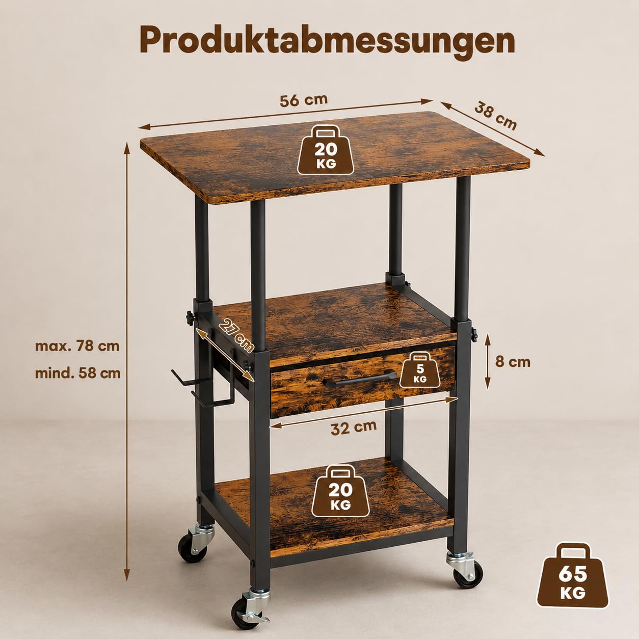 Yorbay Mobiler Druckerwagen mit Rollen fürs Büro: 3 Ebenen mit Schublade | Ordnet Drucker Scanner und Akten-Arbeitszimmer Büro Wohnzimmer-Höhenverstellbar mit 2 Fächern 2 Haken-Retro