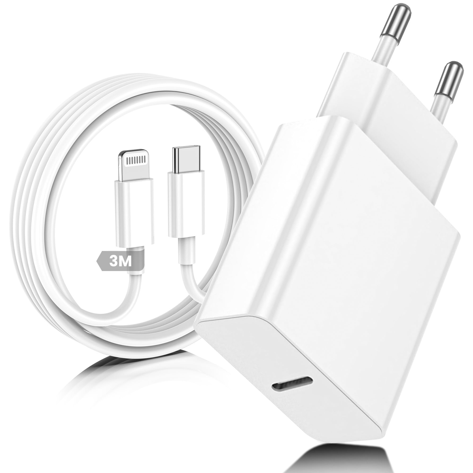 Caricatore per iPhone, Caricatore USB C Rapido Alimentatore Presa con Cavo per Lightning da 3m, Caricabatterie USB C Spina per Apple iPhone 14/13/ 12/11/ Pro/iPad Adattatore Caricabatteria Veloce