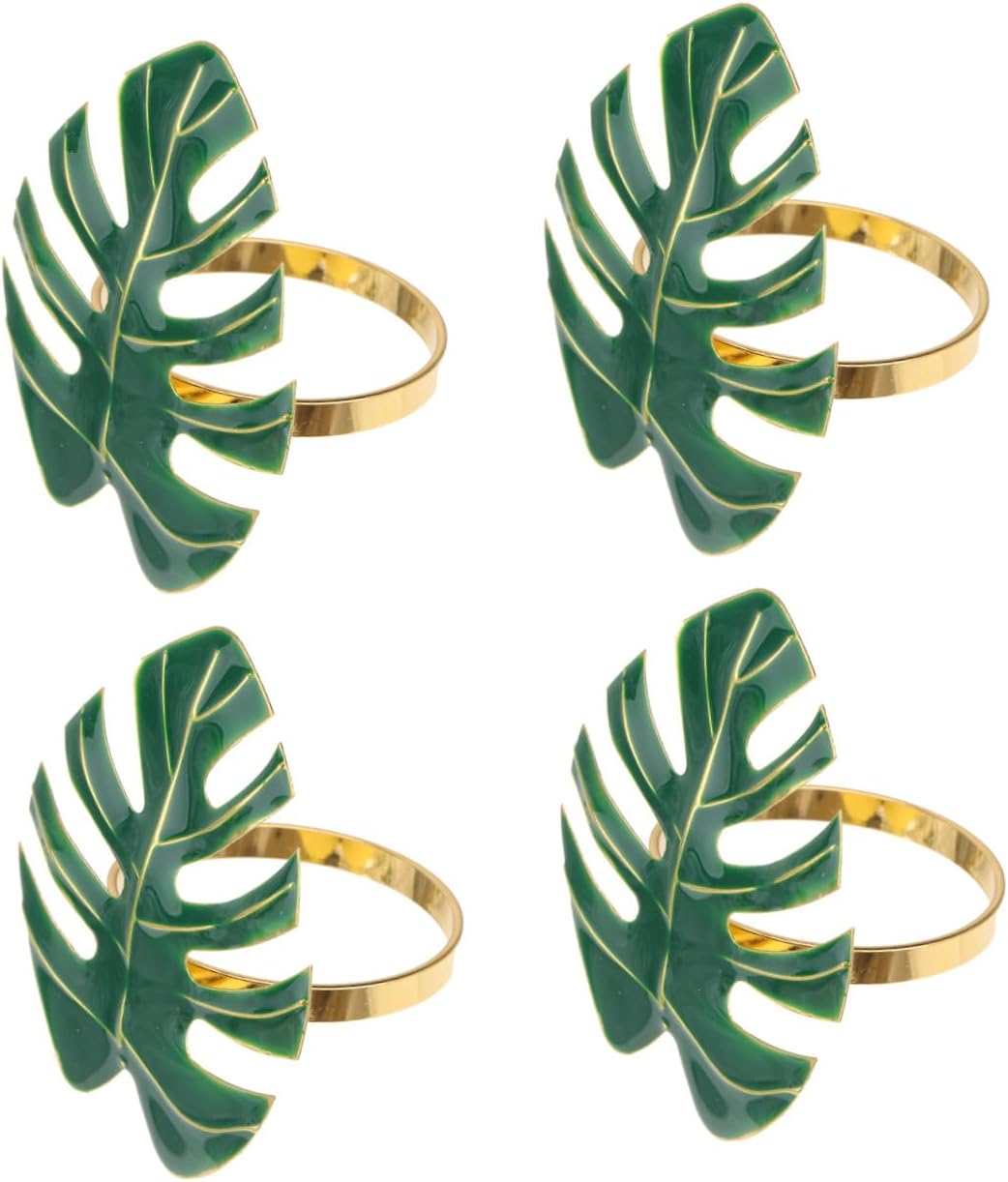 NOLITOY Green Leaves Napkin Rings Hawaii Napkin Holder for Holiday Weddings Tropical Party Dining Table Decor Supplies Metal Green Made of Material to Use, 4 PCS