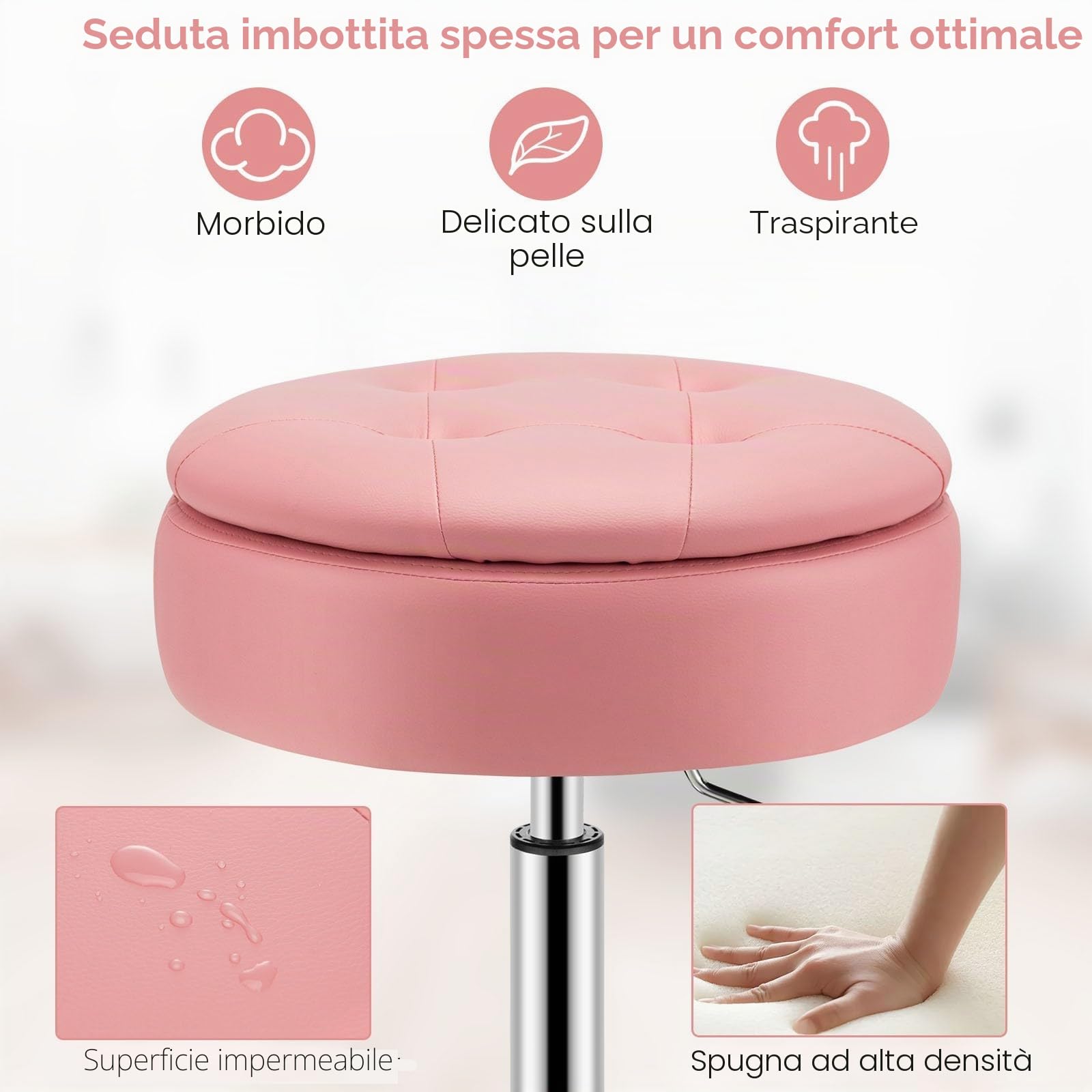 LIFEZEAL Sgabello da Bar, Sedia Rotonda Girevole, Sedile Rimovibile per Stoccaggio, Contenitore, Sedile Imbottito, Altezza Regolabile 51-66cm, Soggiorno, Ufficio, Max150 kg, Telaio in Metallo, Rosa