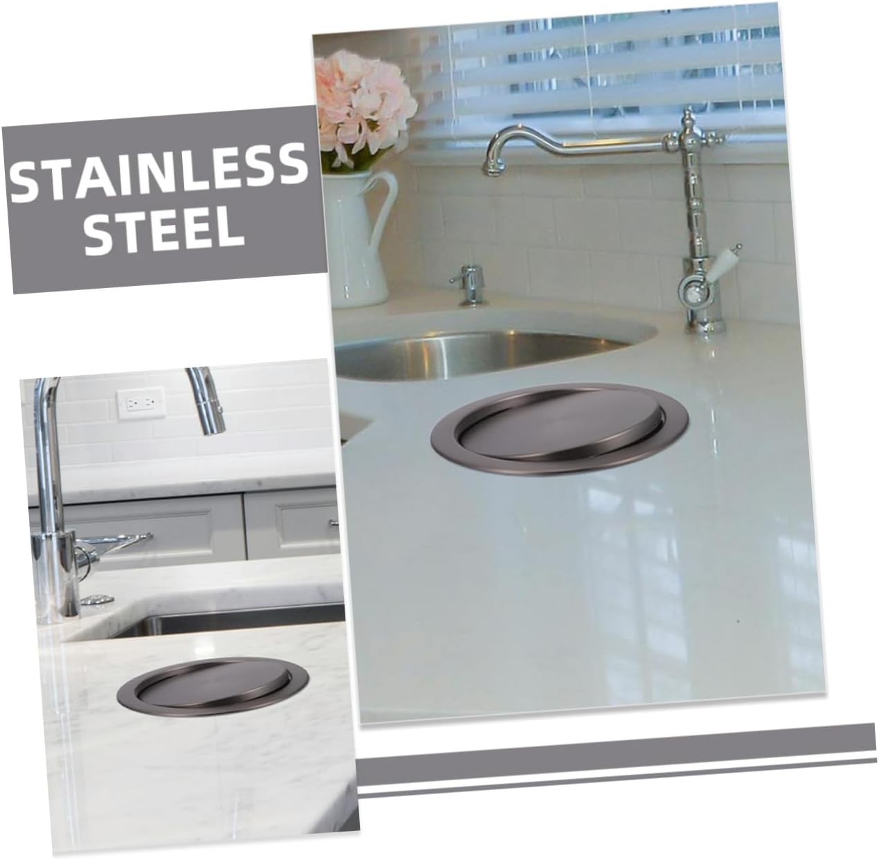 BESPORTBLE Stainless Steel Kitchen Countertop Trash Can Lid, round Recessed Built-in Flap Cover, Flush Trash Can Lid Replacement for Home Bathroom Waste Bin