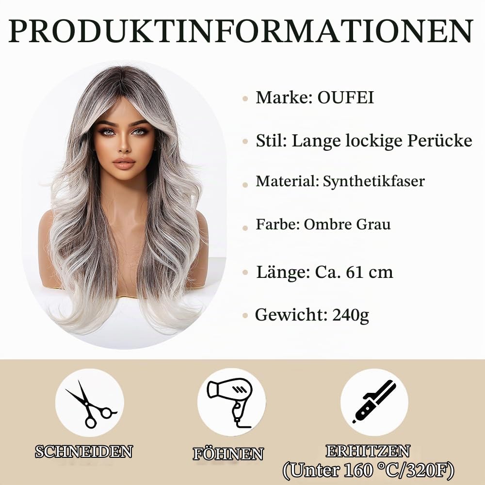 Lange Lockig Ombre Grau Kunsthaar Perücke für Damen Alltag Party
