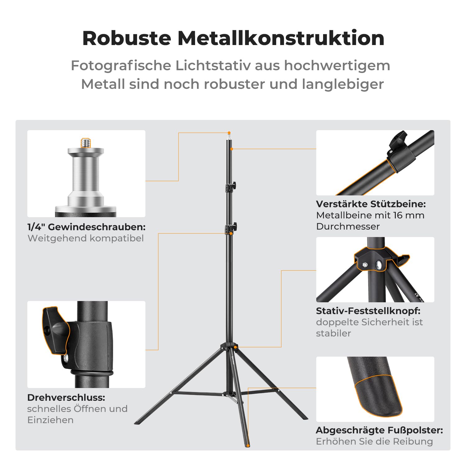 K&F CONCEPT 280CM Metal Fotografie Lichtstativ mit Universal 1/4" Srew | Light Stand für Studio-Fotographie, Reflektor, Blitz & Video, 112-280CM einstell Beleuchtungstativ hoch