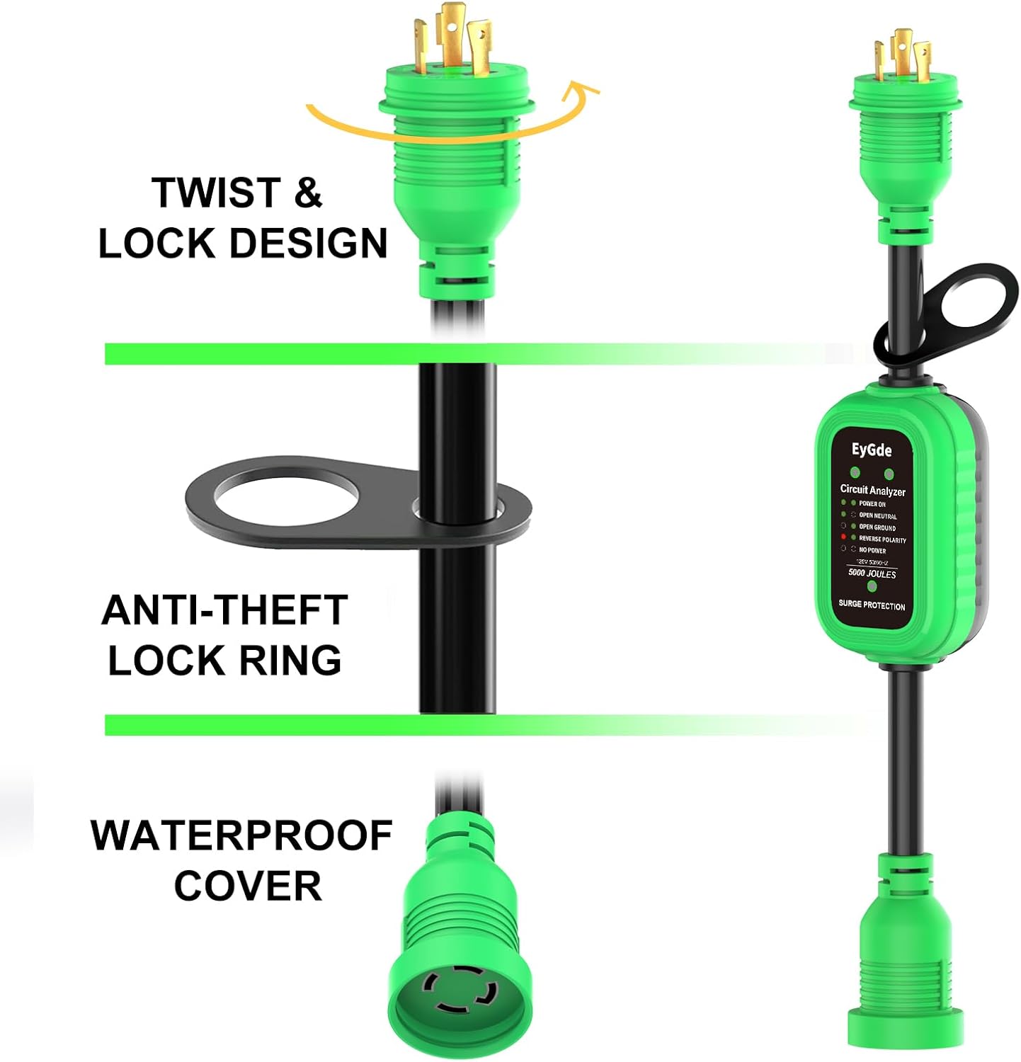 EyGde 3 Prong to 4 Prong 30Amp Twist Lock Adapter, RV/Generator NEMA L5-30P to L14-30R, 5000J Surge Protector with Circuit Analyzer, Extension Cord with LED Indicator for Trailer Campers